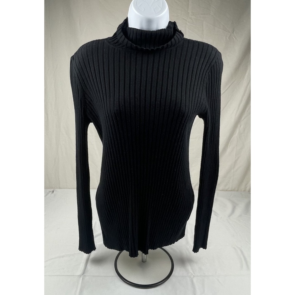 Chicos Black Ribbed Turtleneck Sweater Womens Size 0 Small Coolmax Knit Pullover